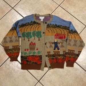Casual Corner Vintage Knit Farm Themed Cardigan Size Medium.